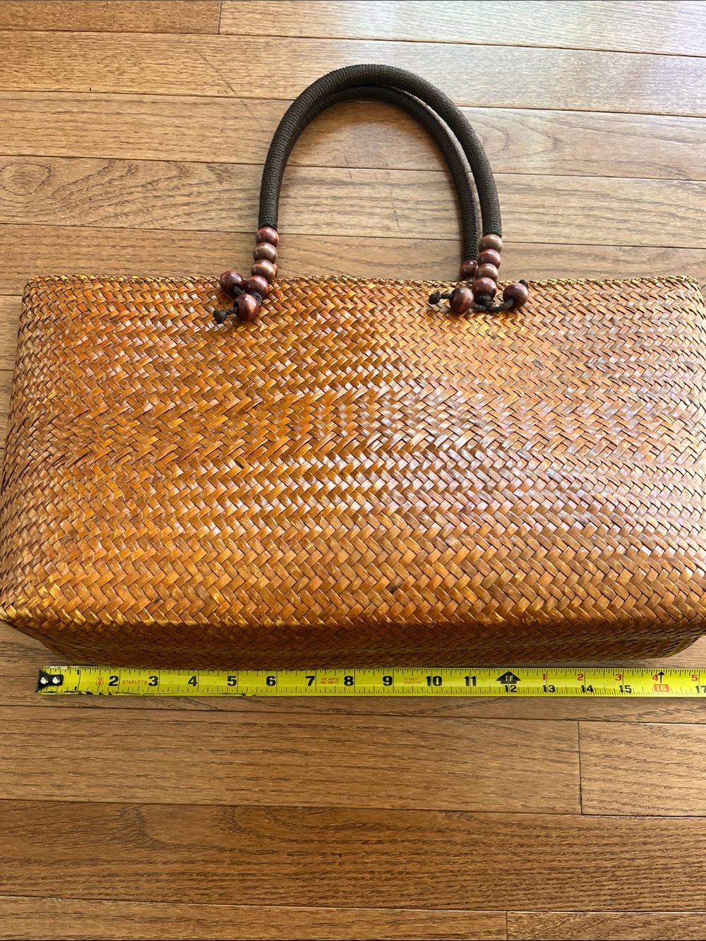 Hand Crafted Woven Tan Tote with Dark Brown Handles